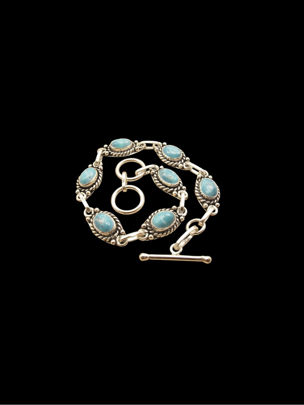 Vintage Sterling Silver Natural Larimar (7)-Gemstone Light Blue Bracelet